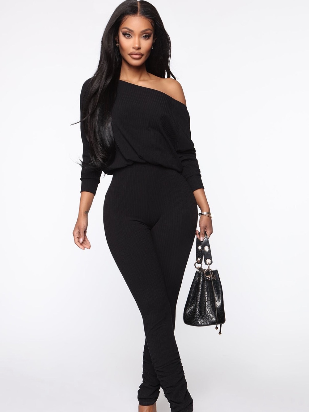 Fashion Nova Black Off-Shoulder Ribbed Jumpsuit